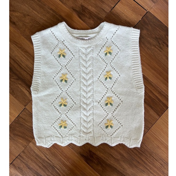 Sincerely Jules Sweaters - Cottagecore Boho Sincerely J Ivory Cable Knit Floral Embroidered Sweater Vest XS
